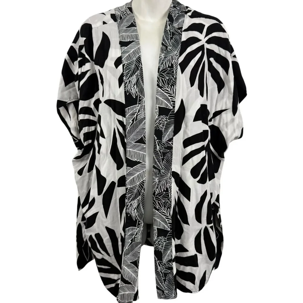 Chicos Printed Boarder Ruana Reversible Womens Open Kimono Jacket Black sz S / M